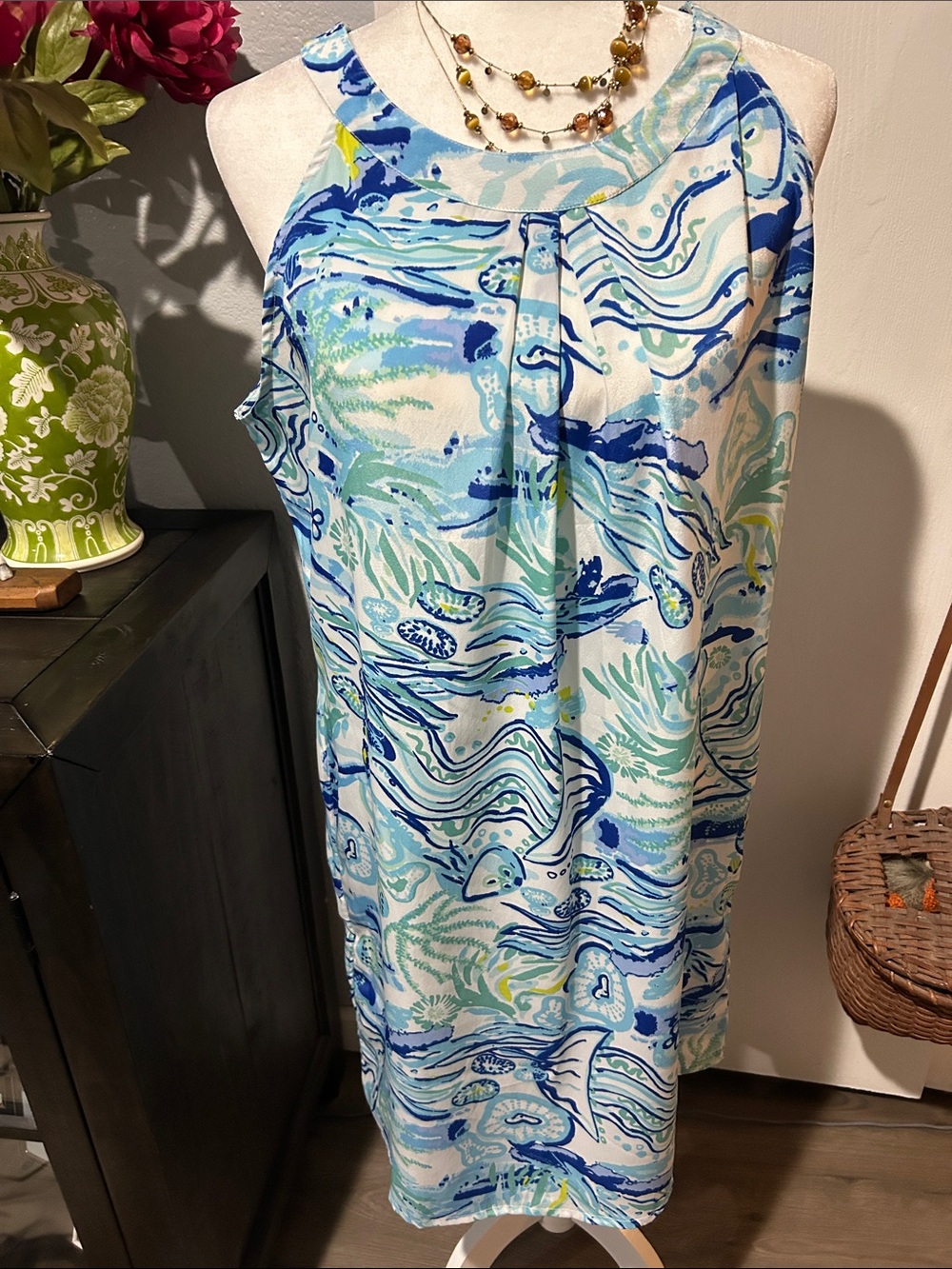 Charlie Paige Blue, Aqua & White Printed Halter Dress